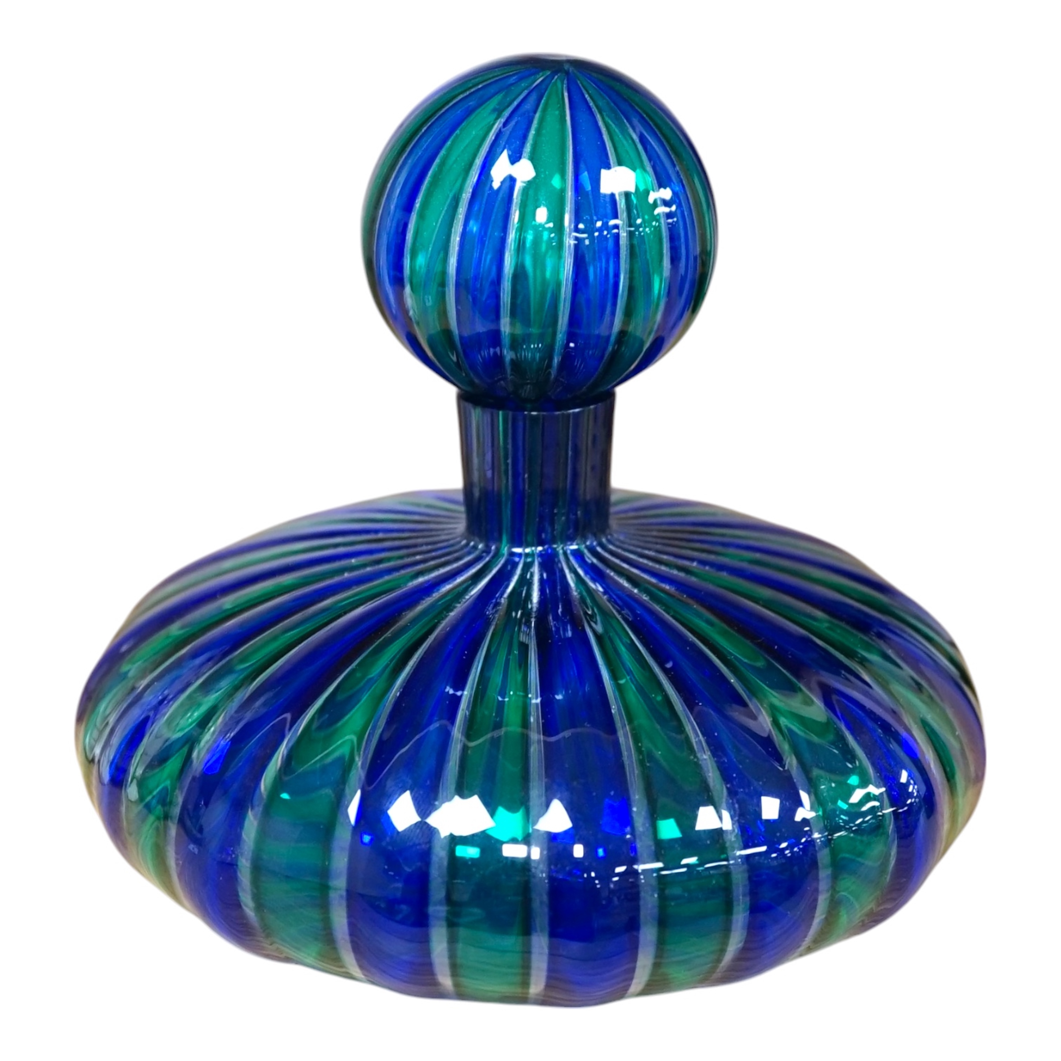 A Murano cane art glass decanter and stopper by Orlando Zennaro, signed to the base, 17cm high. Condition - good